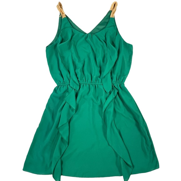 3/$44 Pinky size large green mini dress ruffles on front vneck gold straps silky - Picture 3 of 12